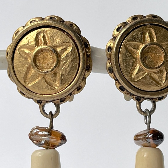 Vintage Robert Rose Long Dangle Clip Earrings Tribal Aventurine Jasper Bone Boho - Picture 2 of 9